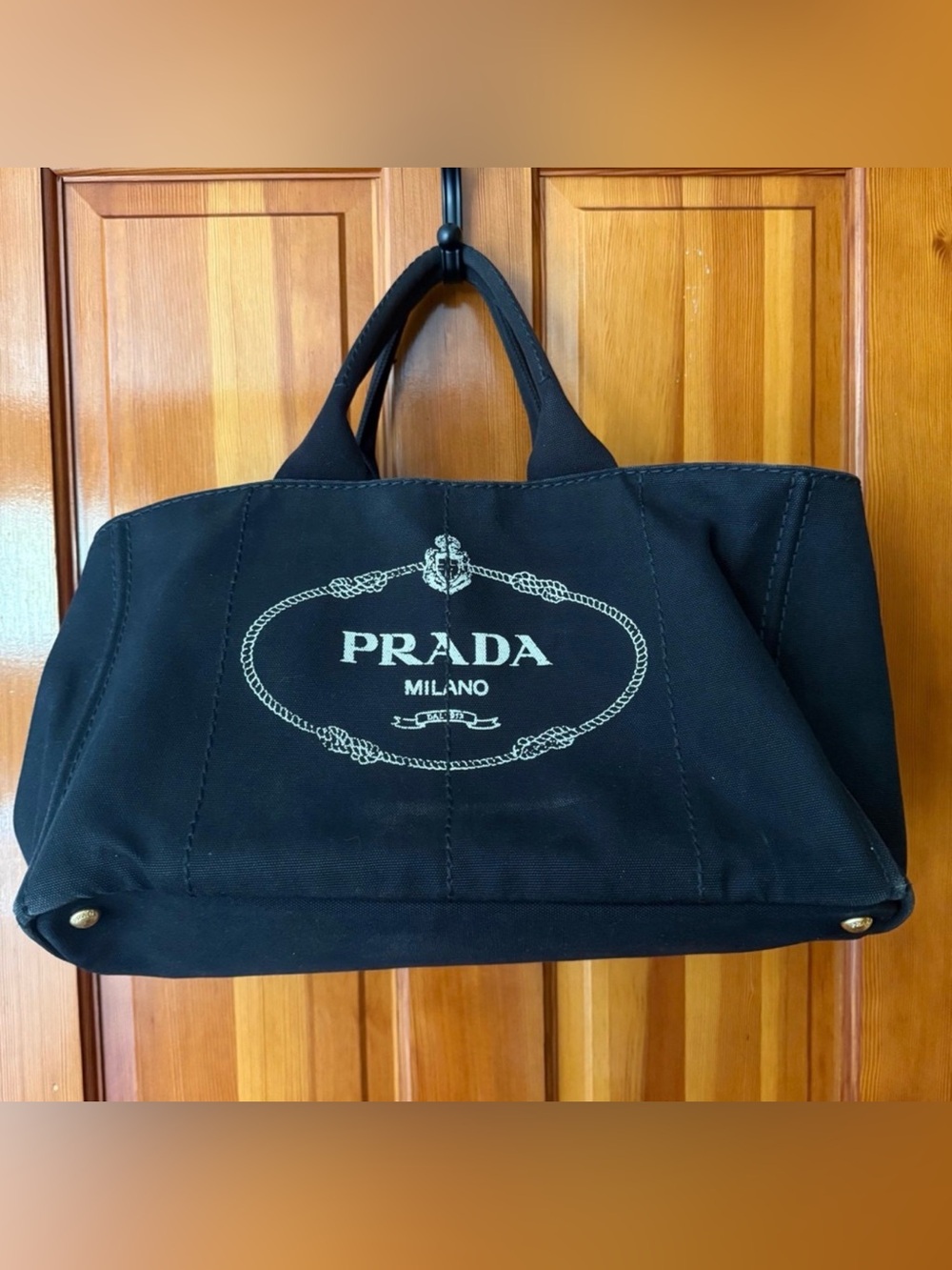 Prada Canapa Tote Bag Women Medium Black Good Canvas Logo Handbag